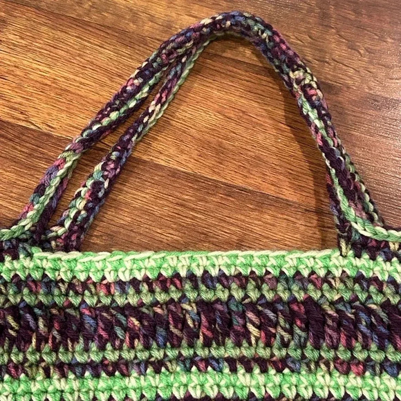 Beautiful Hand Crochet Hand Bag Purple and Green Medium Size - Picture 3 of 4